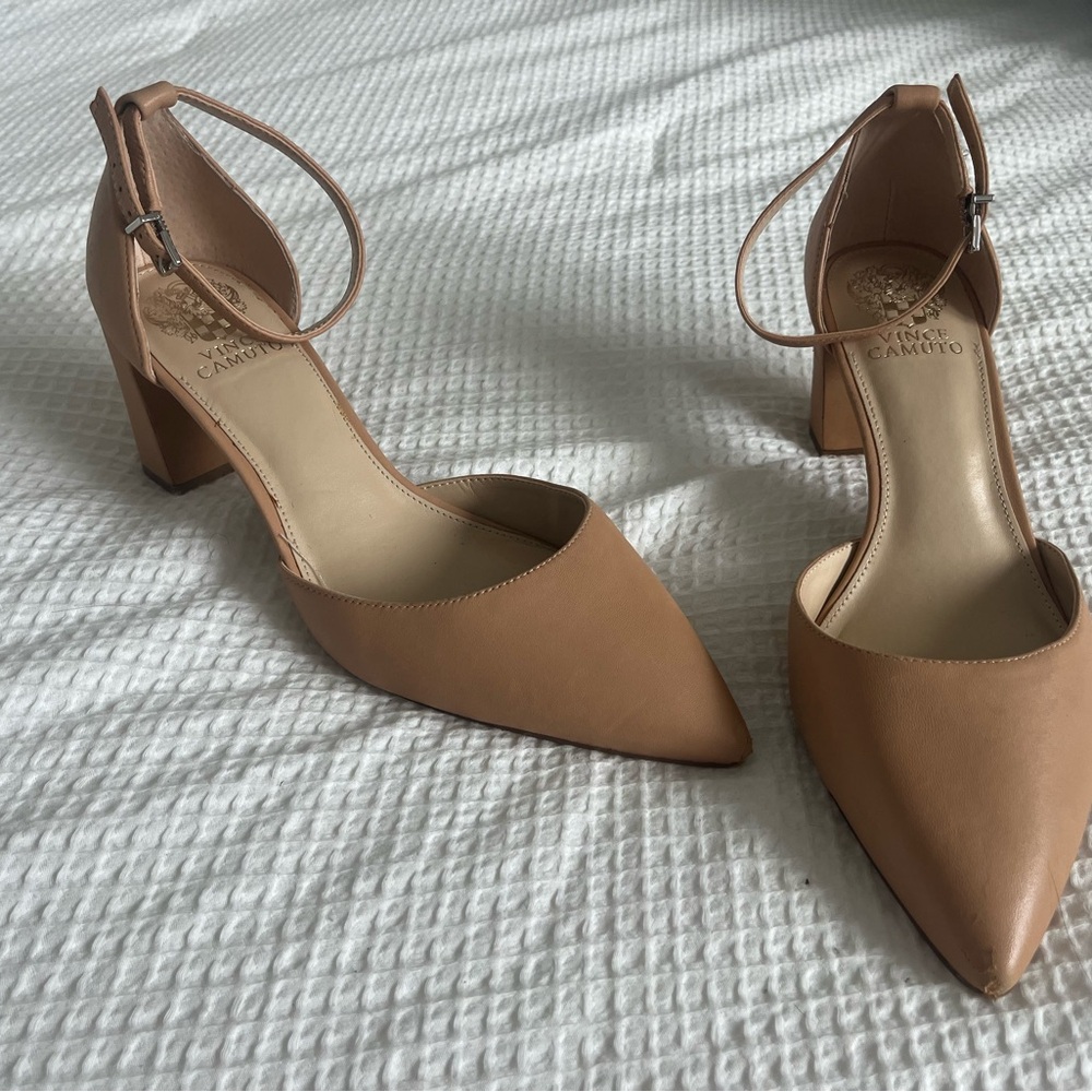 Vince Camuto Tan Pointed-Toe Heels with Ankle Strap